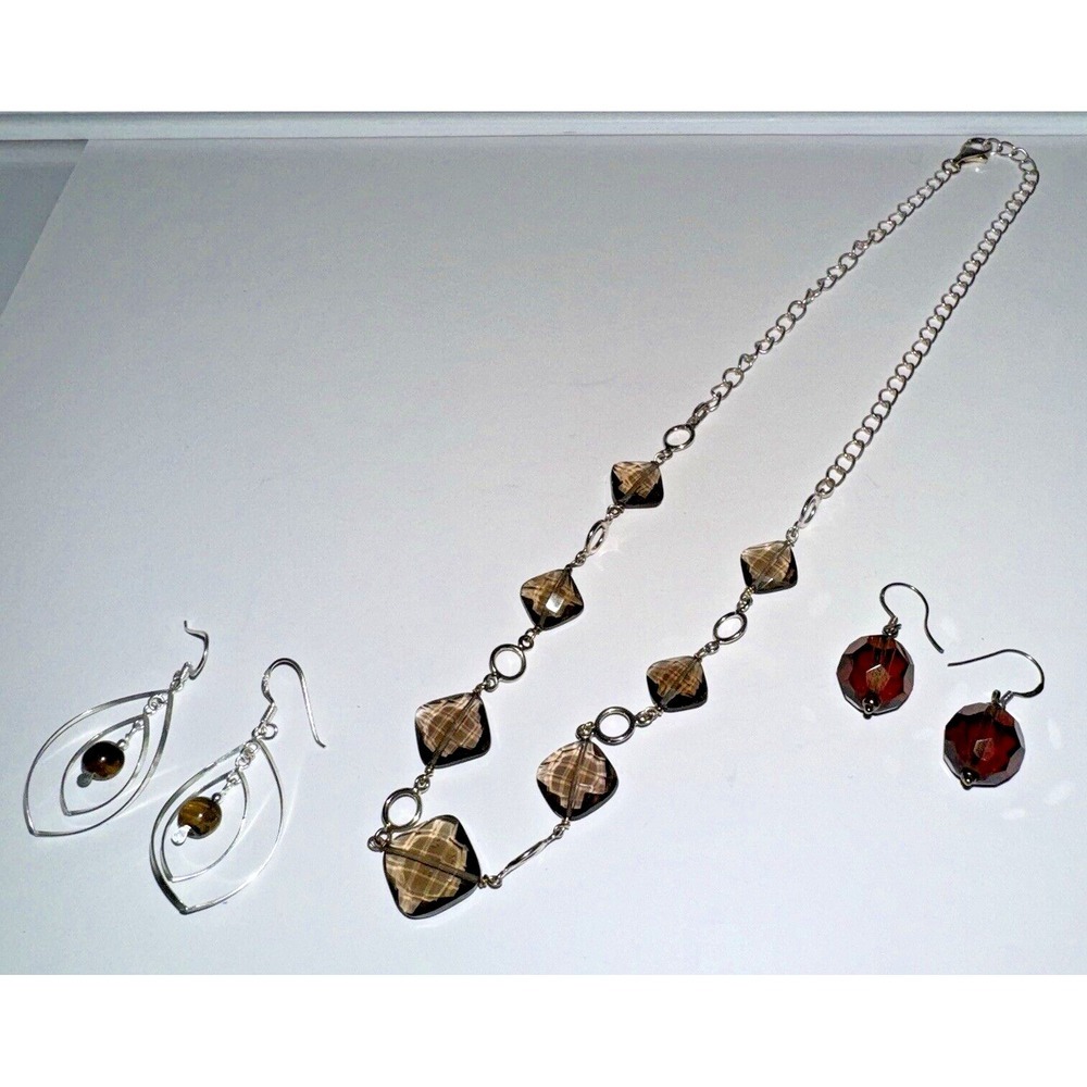 Smoky‎ Quartz Sterling Silver Necklace Earrings  Jewelry Tigers Eye .925